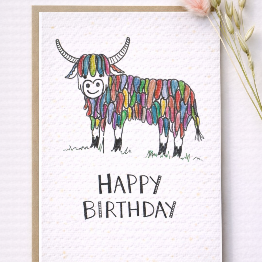Seed Greeting Cards – Plantable Eco-Friendly Cards That Grow into Wildflowers, Birthday Rainbow Highland Cow